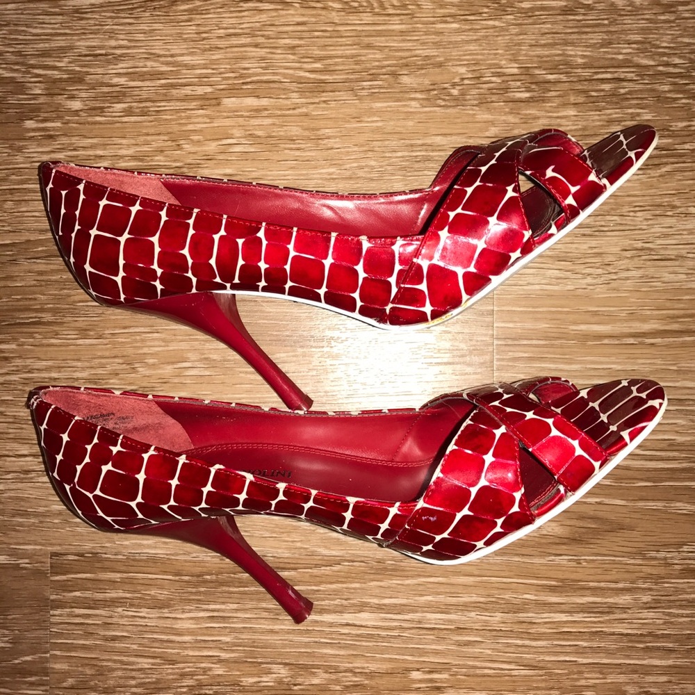 Red and White Enzo Angiolini Peep-Toe Pumps 7-1/2